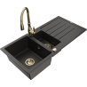 Mexen Andres 1,5-miskový granitový dřez s odkapávačem a kuchyňskou baterií Savita, Černá/Zlatá kovová- 6515-75-672601-50