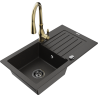 Mexen Pablo 1-miskový granitový dřez s odkapávačem a kuchyňskou baterií Savita, Černá/Zlatá kovová - 6510-75-672601-50-B