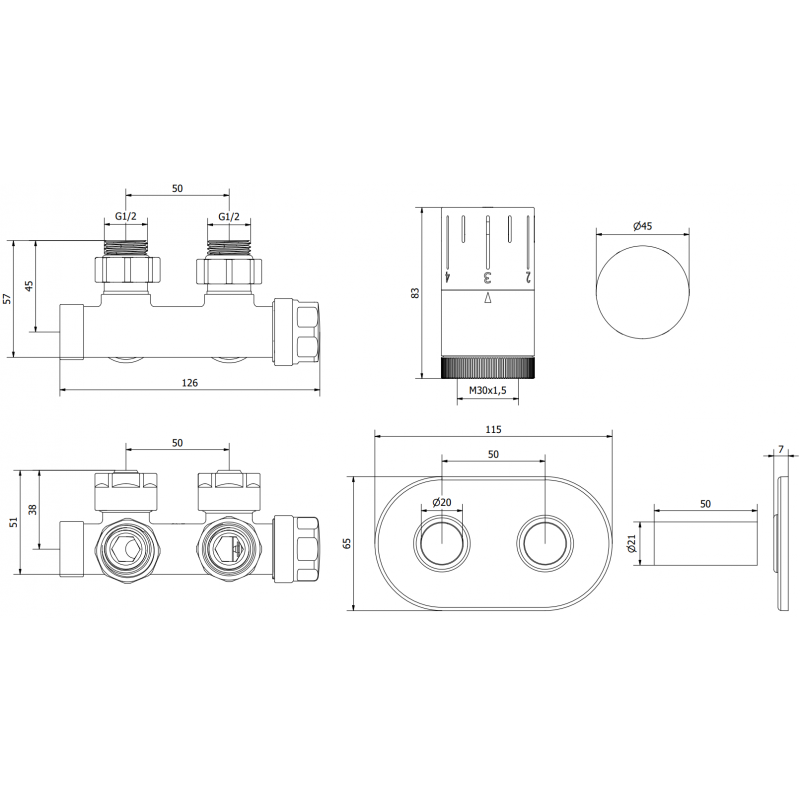 Mexen G05 termostatická sada rohová s krytem R, Duplex, DN50, černá - W907-958-905-70