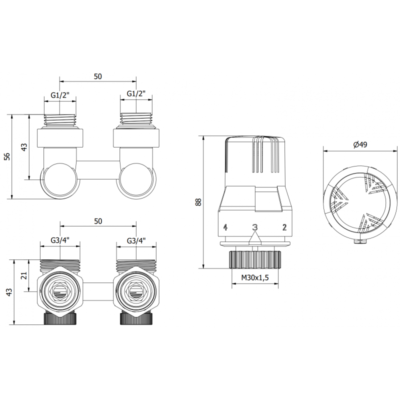 Mexen G02 termostatická sada dvoutrubková DN50, úhlová 1/2"x3/4", nikl - W911-012-928-01