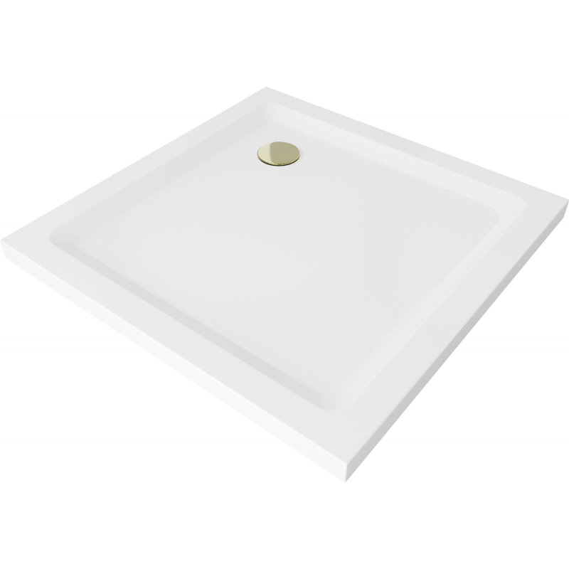 Mexen Flat čtvercová vanička do sprchového kout slim 90 x 90 cm, Bílá, sifon Zlatá - 40109090G