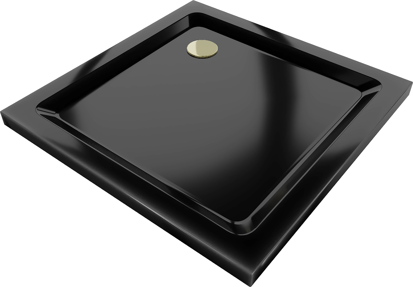 Mexen Flat čtvercová vanička do sprchového kout slim 100 x 100 cm, Černá, sifon Zlatá- 40701010G