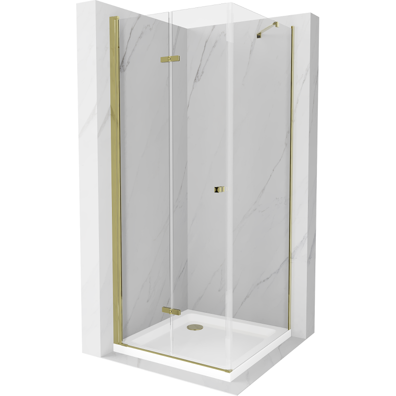Mexen Lima skládací sprchový kout 90 x 90 cm, Průhledné, Zlatá + sprchová vanička Flat - 856-090-090-50-00-4010