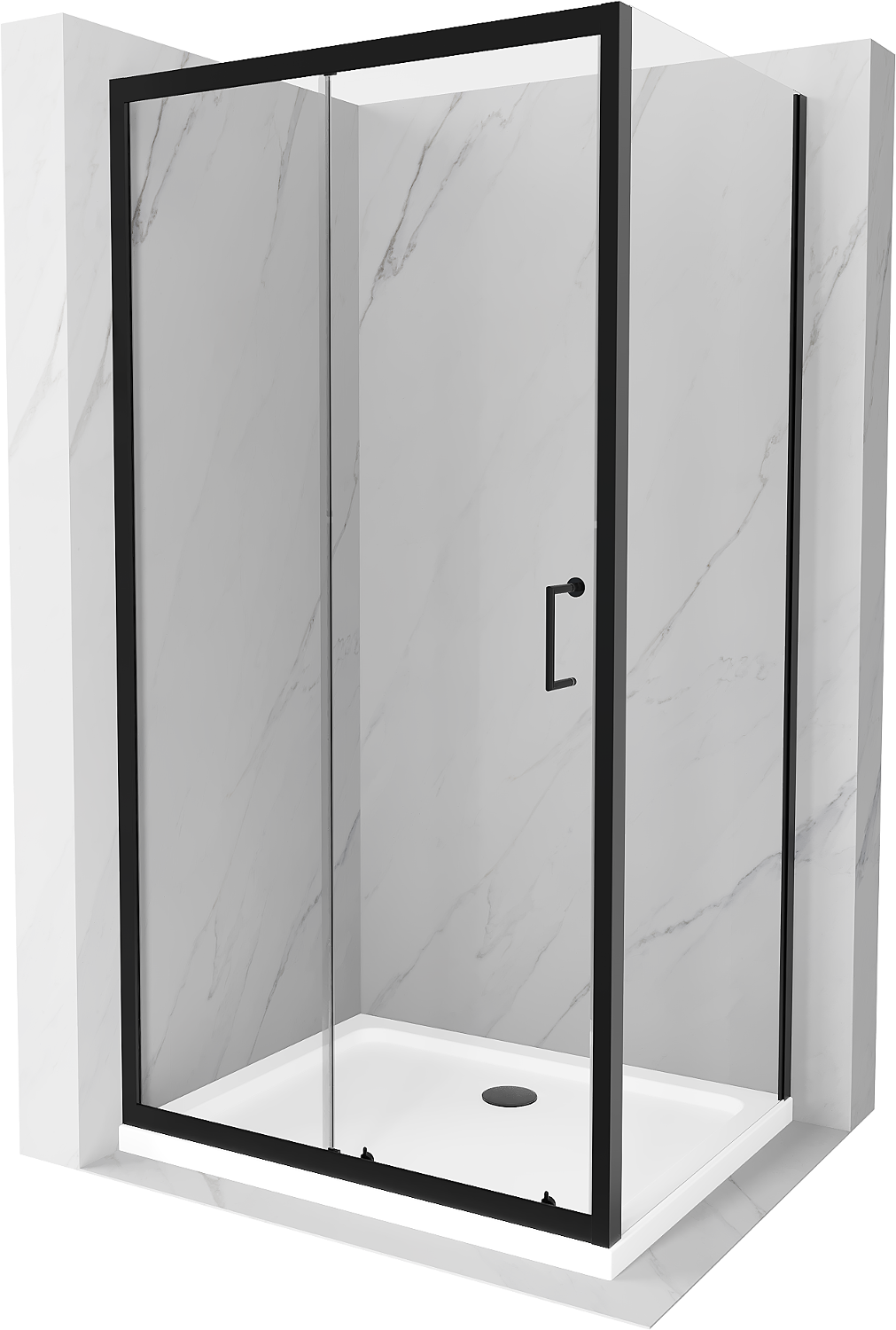 Mexen Apia rozsouvací sprchový kout 110 x 90 cm, Průhledné, Černá + sprchová vanička Flat, Bílá- 840-110-090-70-00-4010B