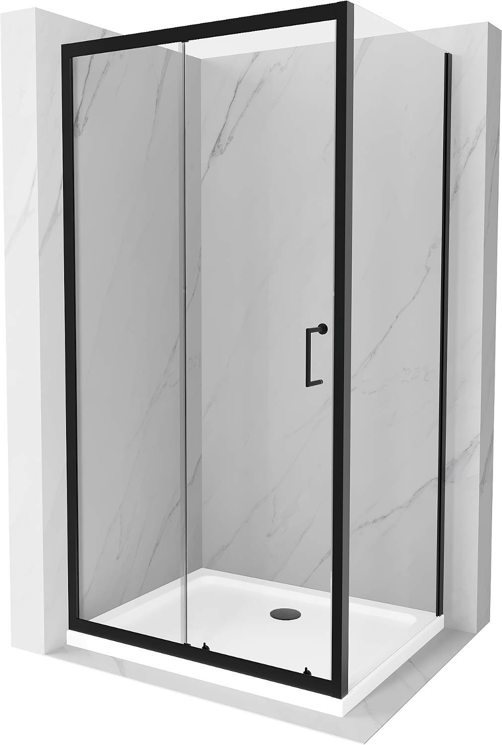 Mexen Apia rozsouvací sprchový kout 100 x 90 cm, Průhledné, Černá + sprchová vanička Flat, Bílá- 840-100-090-70-00-4010B