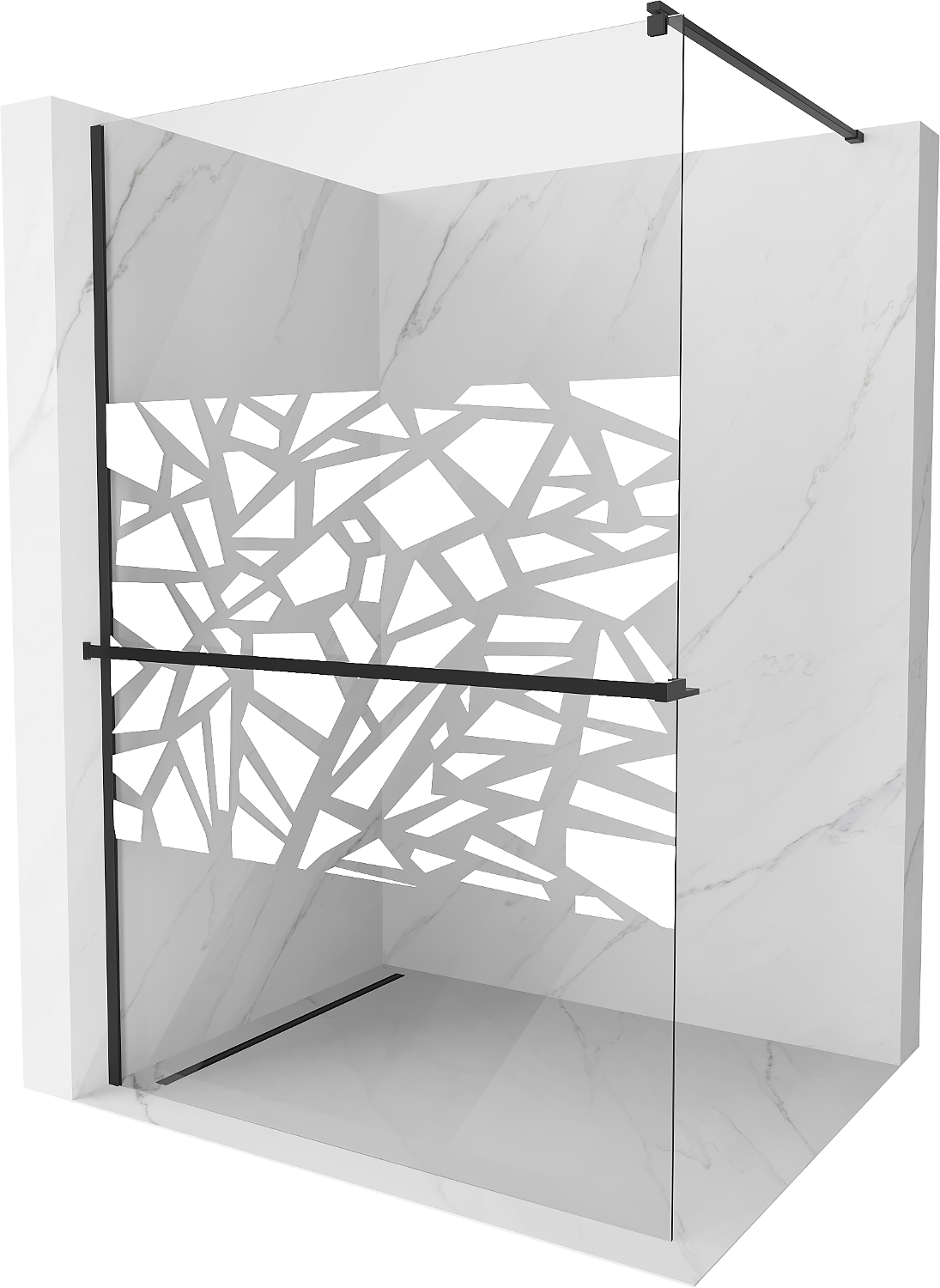 Mexen Kioto+ sprchová zástěna s poličkou a kolejnicí 70 x 200 cm, Průhledné/Bílý vzor 8 mm, Černá - 800-070-121-70-85