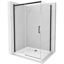 Mexen Omega rozsouvací sprchový kout 130 x 80 cm, Průhledné, Černá + sprchová vanička Flat, Bílá - 825-130-080-70-00-4010B