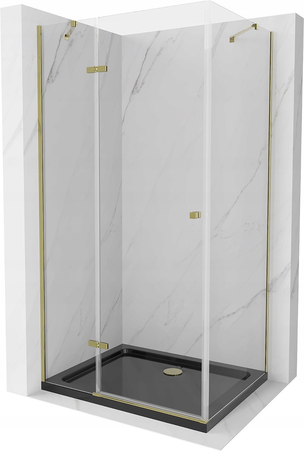 Mexen Roma sprchový kout s otočnými dveřmi 100 x 90 cm, Průhledné, Zlatá + sprchová vanička Flat, Černá - 854-100-090-50-00-4070