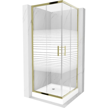 Mexen Rio čtvercový sprchový kout 80 x 80 cm, Pruhy, Zlatá + sprchová vanička Rio, Bílá - 860-080-080-50-20-4510