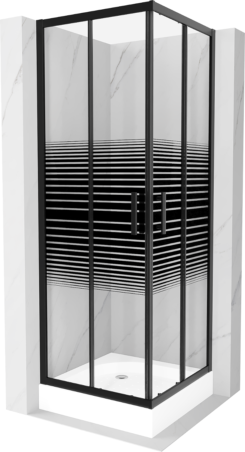 Mexen Rio čtvercový sprchový kout 70 x 70 cm, Pruhy, Černá + sprchová vanička Rio, Bílá - 860-070-070-70-20-4510