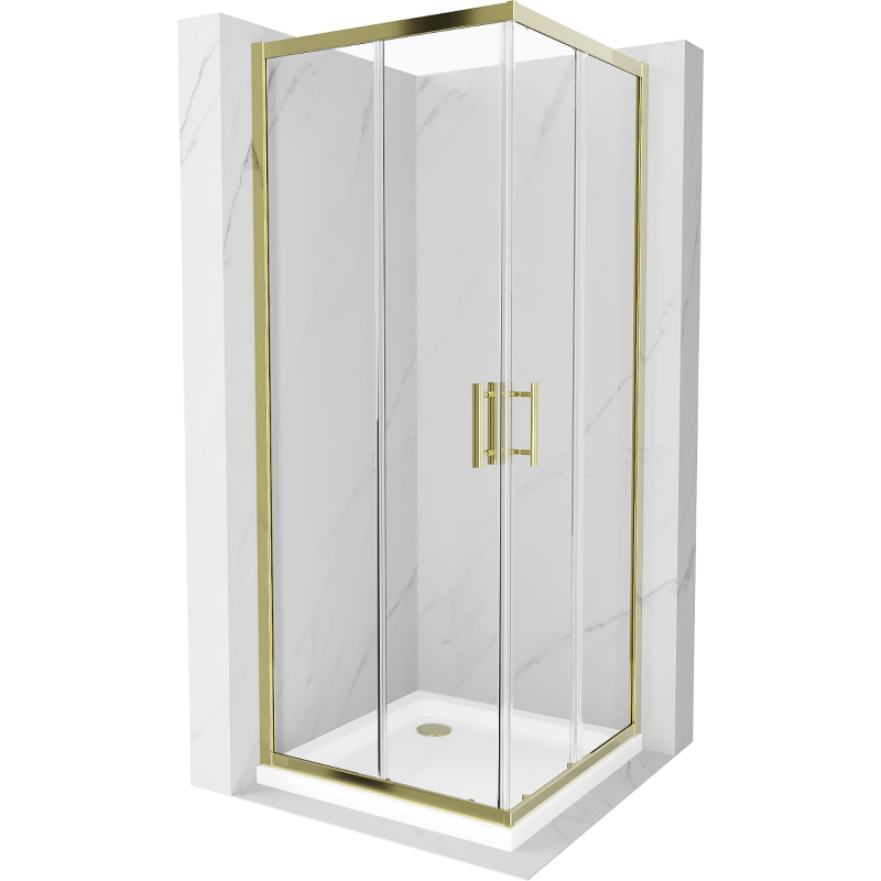 Mexen Rio čtvercový sprchový kout 90 x 90 cm, Průhledné, Zlatá + sprchová vanička Flat, Bílá - 860-090-090-50-00-4010G