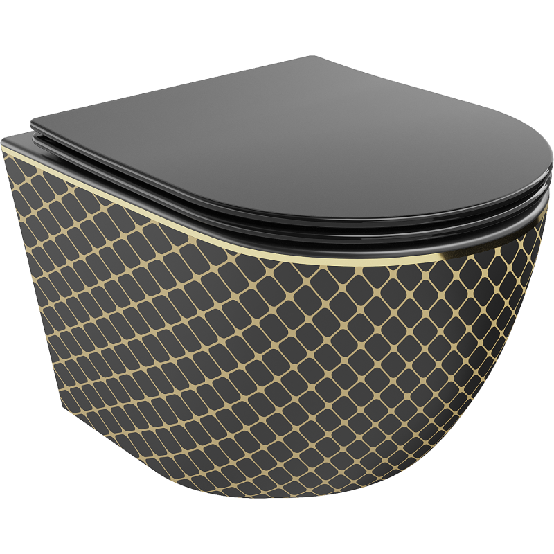 Mexen Lena WC mísa Rimless s pomalu klesající deskou slim, duroplast, černá matná/zlatý mřížkový vzor - 30224079