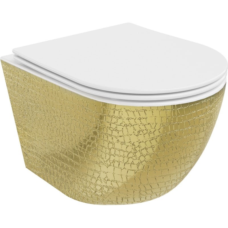 Mexen Lena WC mísa Rimless s pomalu zavíratelným tenkým sedátkem, duroplast, bílá/zlatá vzor šupiny - 30224008