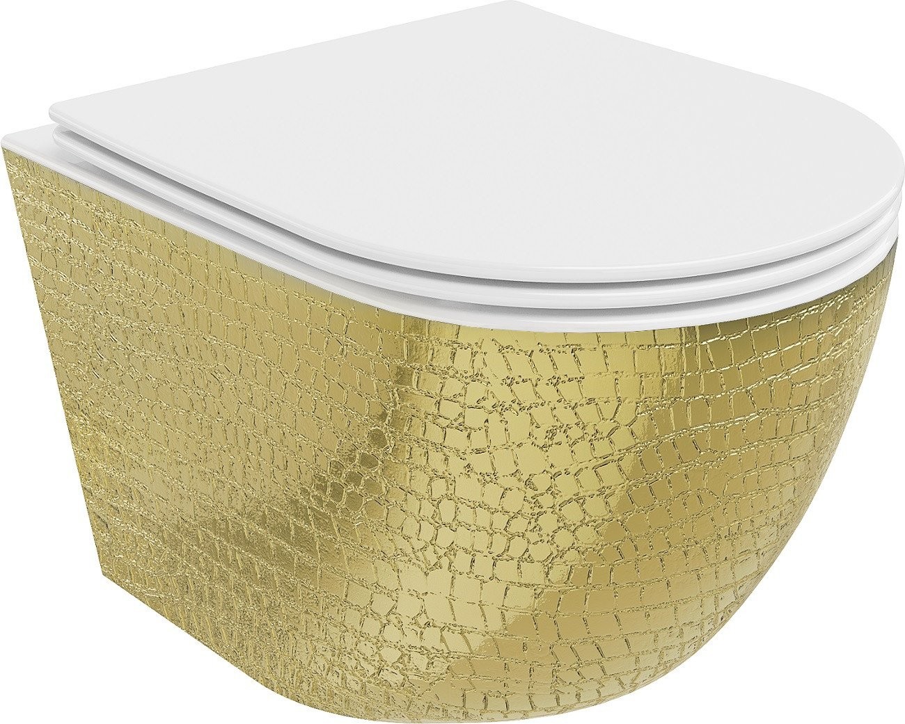 Mexen Lena WC mísa Rimless s pomalu zavíratelným tenkým sedátkem, duroplast, bílá/zlatá vzor šupiny - 30224008
