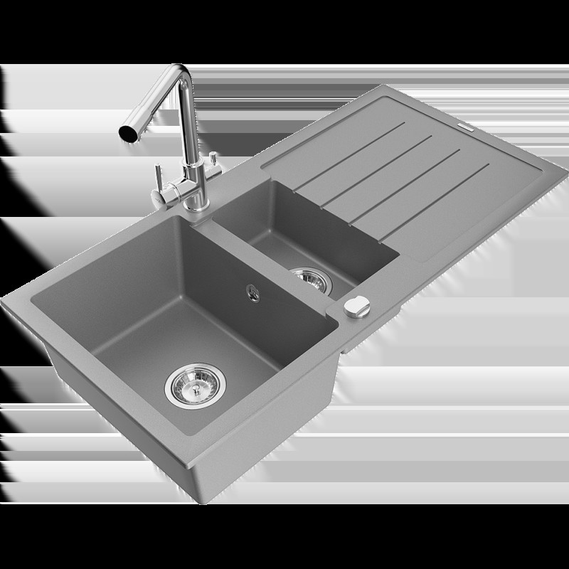 Mexen Andres 1,5-miskový granitový dřez s odkapávačem a kuchyňskou baterií Duero, Šedá - 6515-71-671600-00